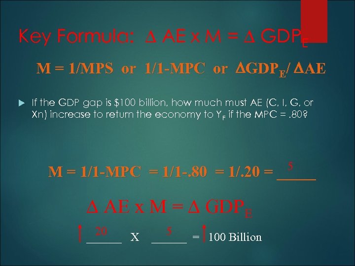 Key Formula: AE x M = GDPE M = 1/MPS or 1/1 -MPC or