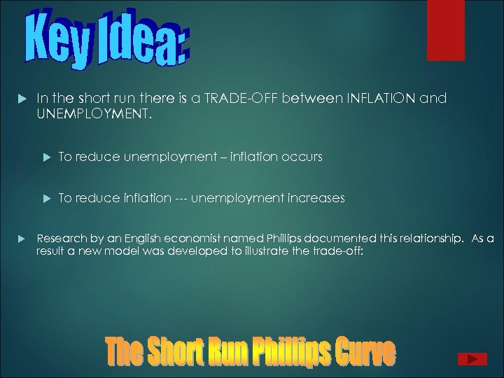  In the short run there is a TRADE-OFF between INFLATION and UNEMPLOYMENT. To