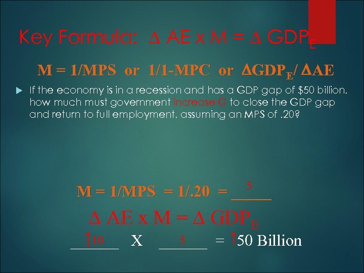 Key Formula: AE x M = GDPE M = 1/MPS or 1/1 -MPC or