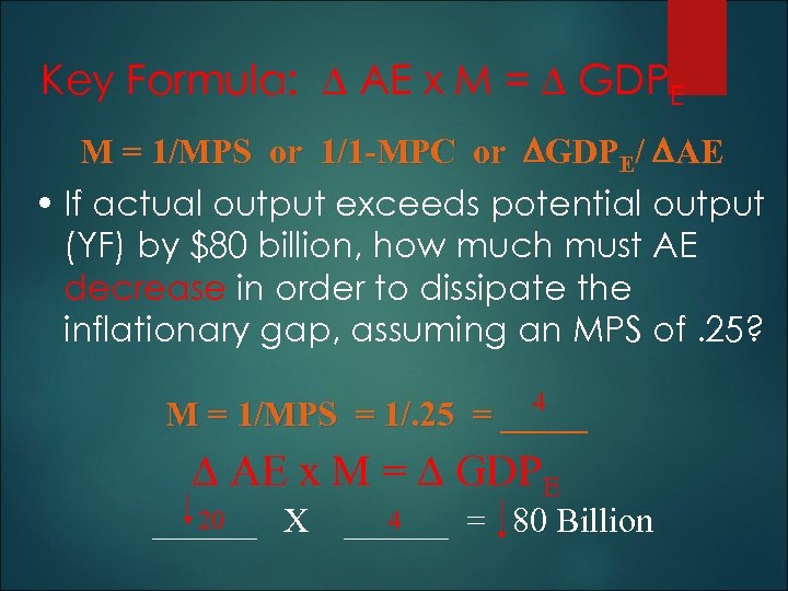 Key Formula: AE x M = GDPE M = 1/MPS or 1/1 -MPC or