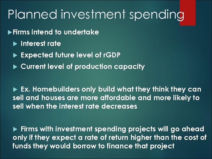 Planned investment spending Firms intend to undertake Interest rate Expected future level of r.