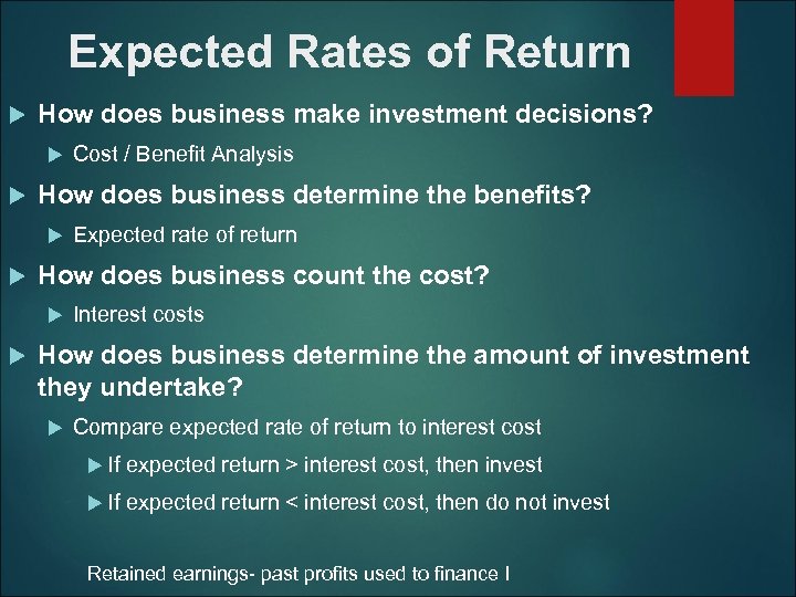 Expected Rates of Return How does business make investment decisions? How does business determine