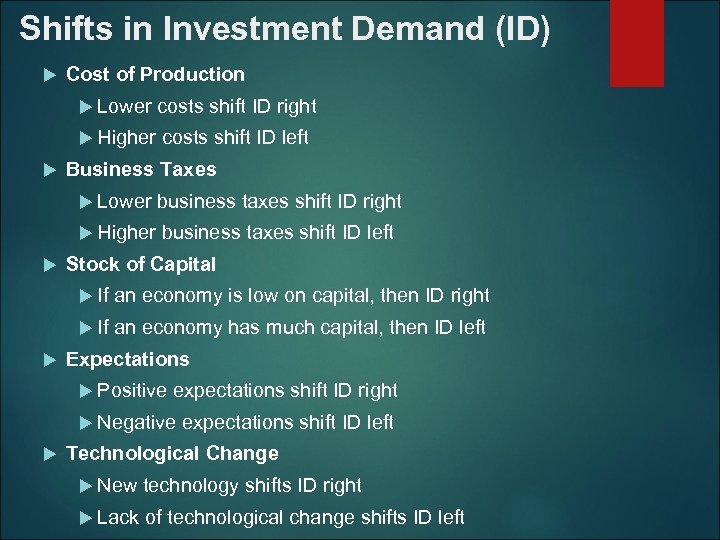 Shifts in Investment Demand (ID) Cost of Production Lower costs shift ID right Higher