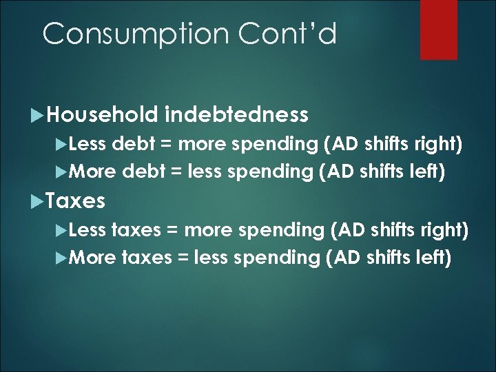 Consumption Cont’d Household indebtedness Less debt = more spending (AD shifts right) More debt