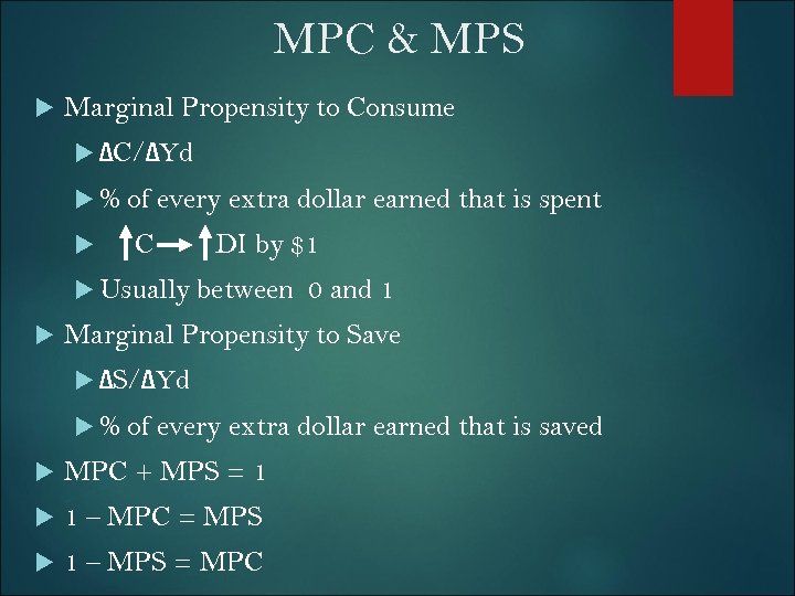 MPC & MPS Marginal Propensity to Consume ΔC/ΔYd % of every extra dollar earned