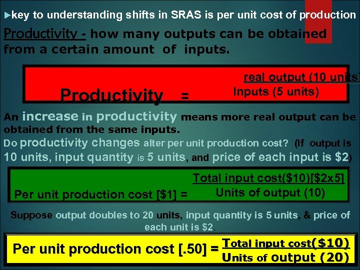  key to understanding shifts in SRAS is per unit cost of production Productivity