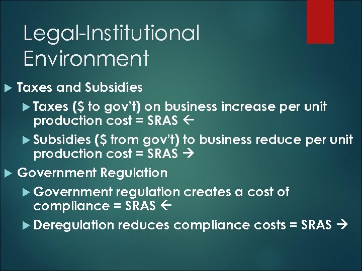 Legal-Institutional Environment Taxes and Subsidies Taxes ($ to gov’t) on business increase per unit