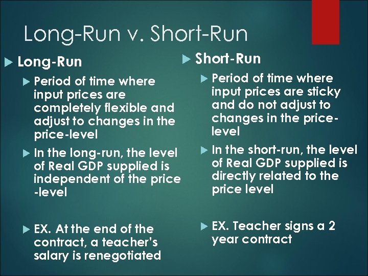 Long-Run v. Short-Run Long-Run Short-Run Period of time where input prices are completely flexible