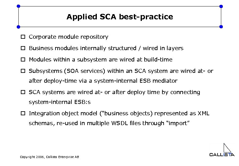 Applied SCA best-practice o Corporate module repository o Business modules internally structured / wired