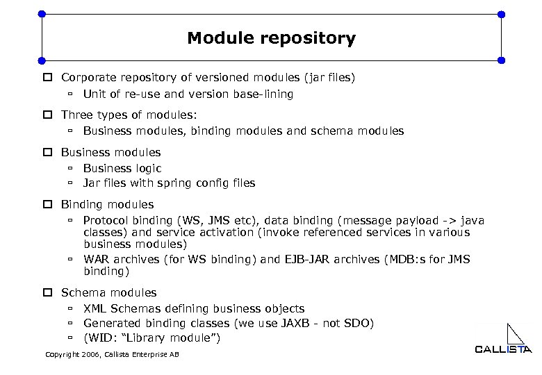 Module repository o Corporate repository of versioned modules (jar files) ù Unit of re-use