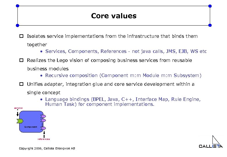 Core values o Isolates service implementations from the infrastructure that binds them together •