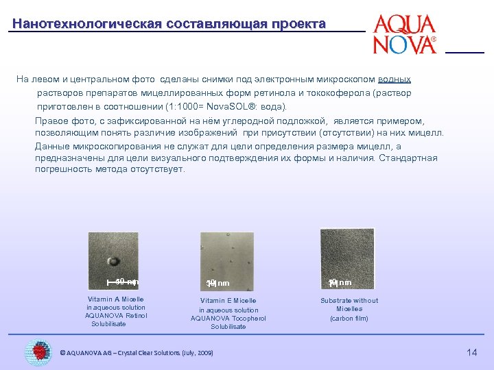 Нанотехнологическая составляющая проекта На левом и центральном фото сделаны снимки под электронным микроскопом водных