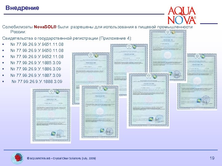 Внедрение Солюбилизаты Nova. SOL® были разрешены для использования в пищевой промышленности России: Свидетельства о