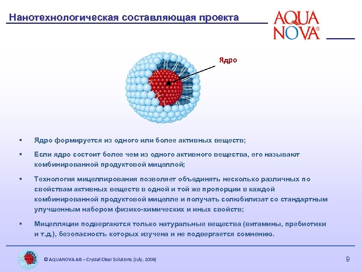 Нанотехнологическая составляющая проекта Ядро § Ядро формируется из одного или более активных веществ; §