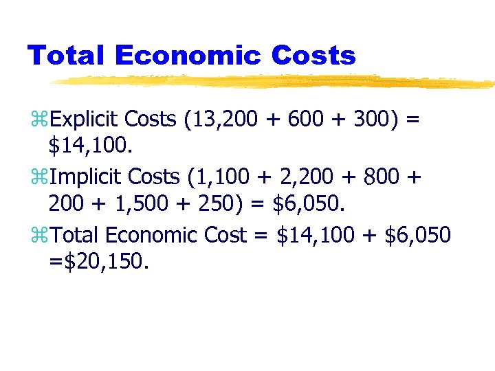 Total Economic Costs z. Explicit Costs (13, 200 + 600 + 300) = $14,