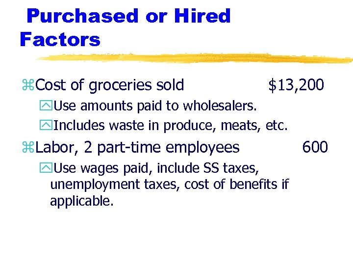 Purchased or Hired Factors z. Cost of groceries sold $13, 200 y. Use amounts