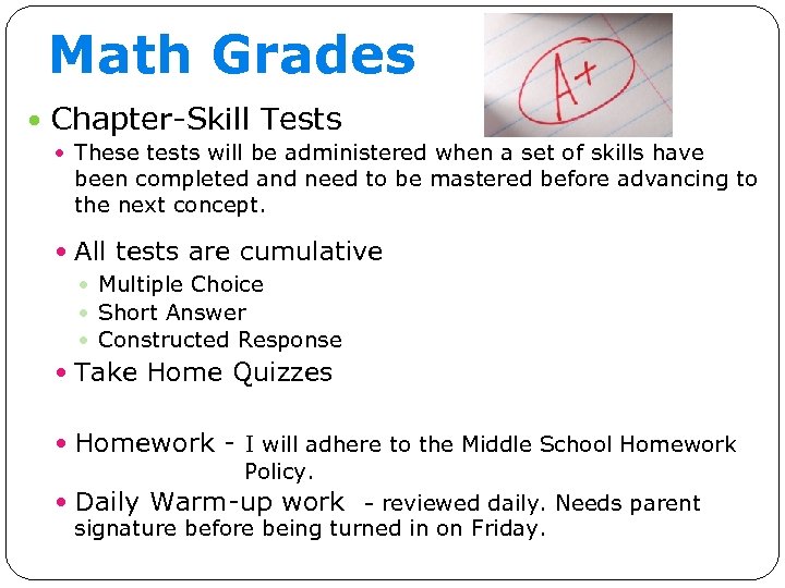 Math Grades Chapter-Skill Tests These tests will be administered when a set of skills