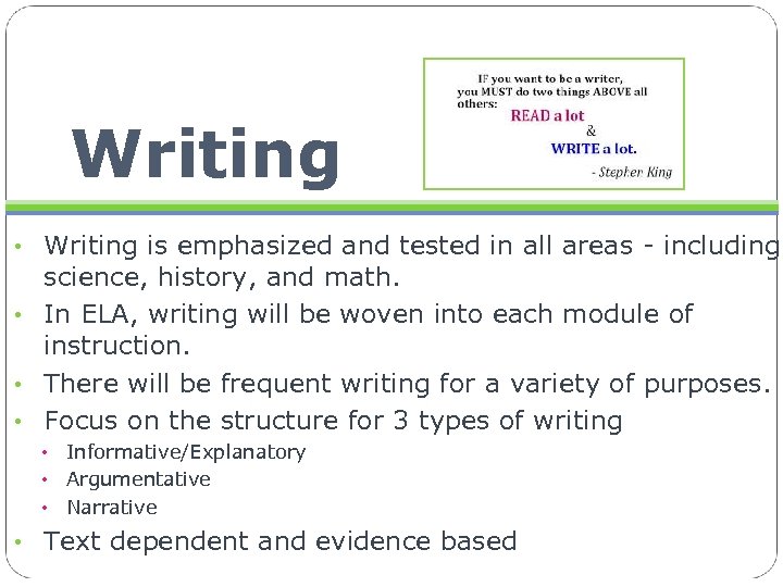 Writing • Writing is emphasized and tested in all areas - including science, history,