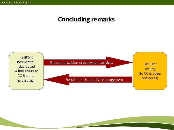 Topic B 2. Slide 15 of 21 Concluding remarks Resilient ecosystems (decreased vulnerability to