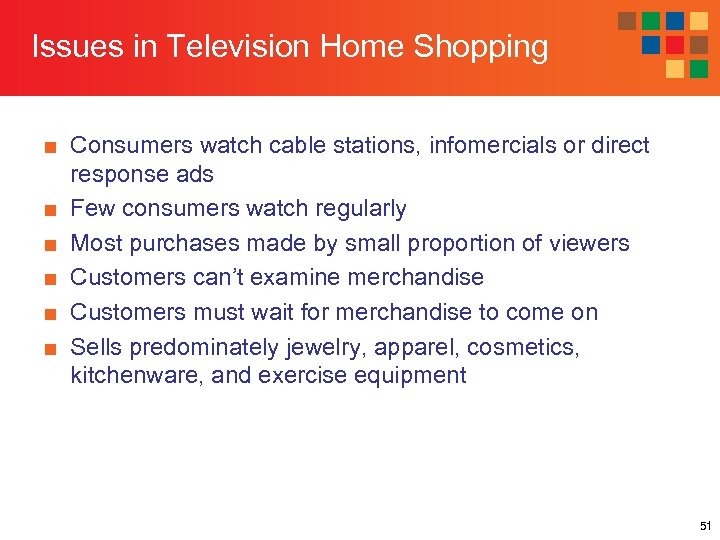 Issues in Television Home Shopping ■ Consumers watch cable stations, infomercials or direct response