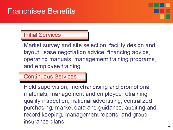 Franchisee Benefits Initial Services Market survey and site selection, facility design and layout, lease