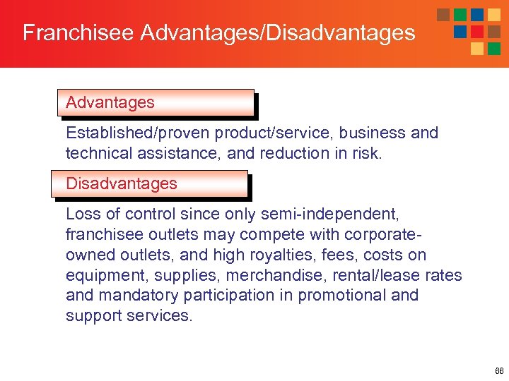 Franchisee Advantages/Disadvantages Advantages Established/proven product/service, business and technical assistance, and reduction in risk. Disadvantages