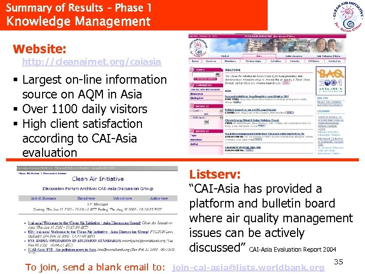 Summary of Results – Phase 1 Knowledge Management Website: http: //cleanairnet. org/caiasia § Largest