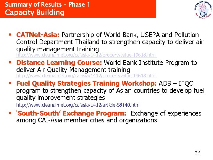 Summary of Results – Phase 1 Capacity Building § CATNet-Asia: Partnership of World Bank,