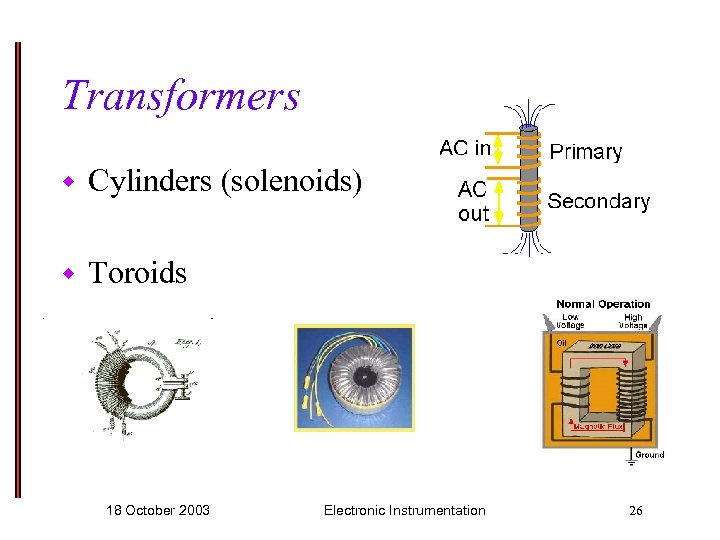Transformers w Cylinders (solenoids) w Toroids 18 October 2003 Electronic Instrumentation 26 