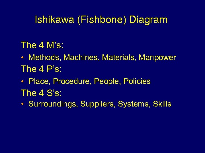 Ishikawa (Fishbone) Diagram The 4 M’s: • Methods, Machines, Materials, Manpower The 4 P’s: