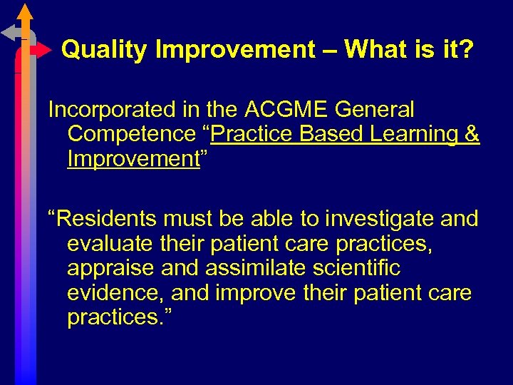 Quality Improvement – What is it? Incorporated in the ACGME General Competence “Practice Based