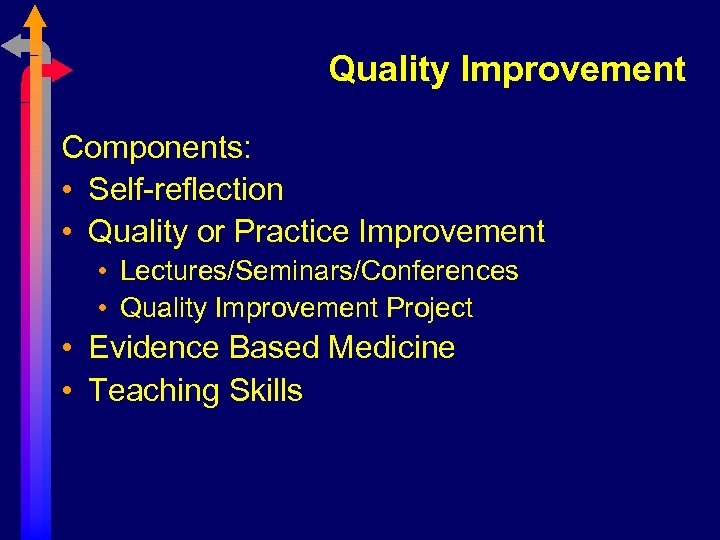 Quality Improvement Components: • Self-reflection • Quality or Practice Improvement • Lectures/Seminars/Conferences • Quality