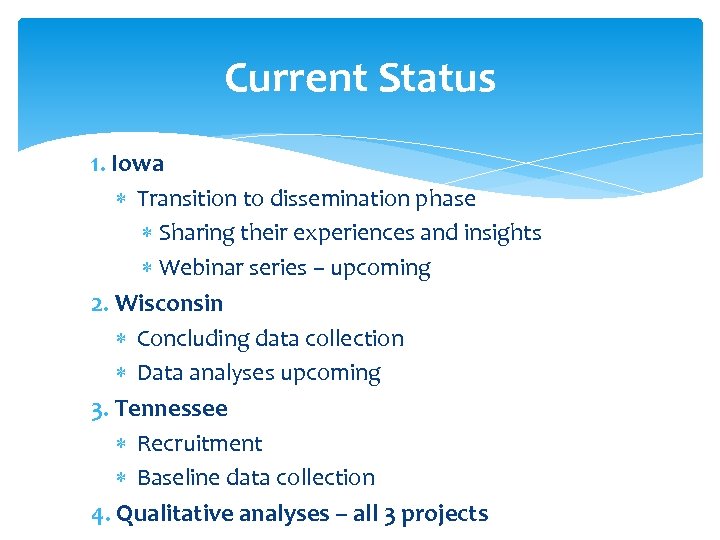 Current Status 1. Iowa Transition to dissemination phase Sharing their experiences and insights Webinar