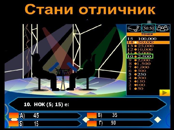 10. НОК (5; 15) е: 