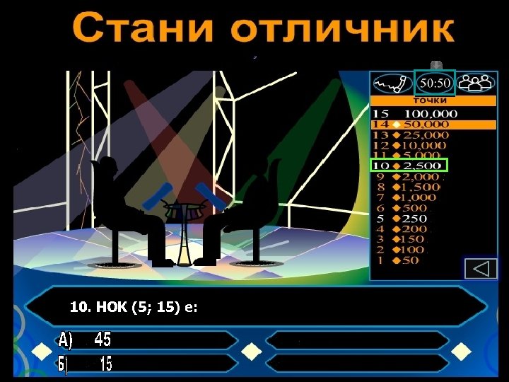 10. НОК (5; 15) е: 