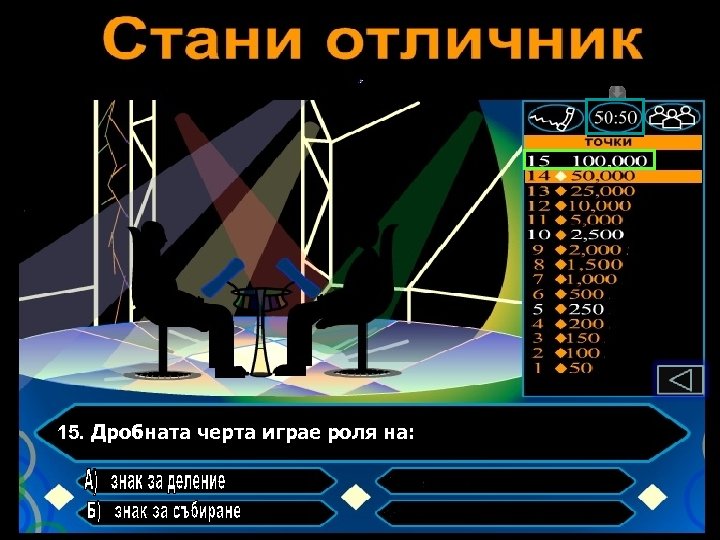 15. Дробната черта играе роля на: 