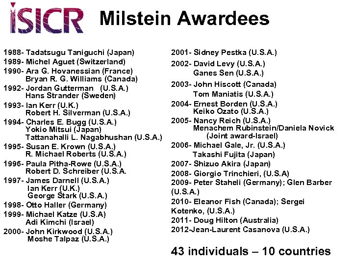  Milstein Awardees 1988 - Tadatsugu Taniguchi (Japan) 2001 - Sidney Pestka (U. S.