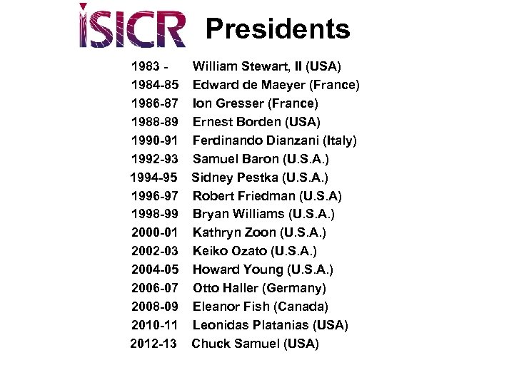  Presidents 1983 - William Stewart, II (USA) 1984 -85 Edward de Maeyer (France)