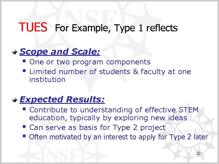 TUES For Example, Type 1 reflects Scope and Scale: § One or two program