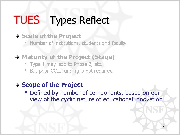 TUES Types Reflect Scale of the Project § Number of institutions, students and faculty