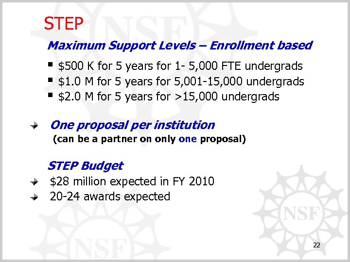 STEP Maximum Support Levels – Enrollment based § $500 K for 5 years for