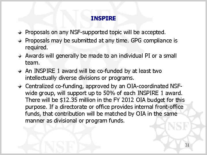 INSPIRE Proposals on any NSF-supported topic will be accepted. Proposals may be submitted at