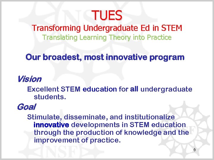 TUES Transforming Undergraduate Ed in STEM Translating Learning Theory into Practice Our broadest, most