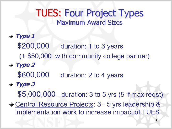 TUES: Four Project Types Maximum Award Sizes Type 1 duration: 1 to 3 years