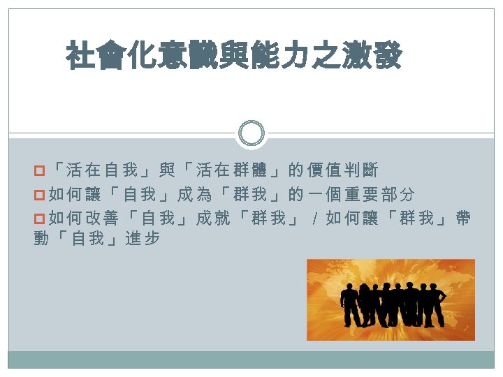 社會化意識與能力之激發 p「活在自我」與「活在群體」的價值判斷 p如何讓「自我」成為「群我」的一個重要部分 p如何改善「自我」成就「群我」／如何讓「群我」帶 動 「 自 我 」 進 步 