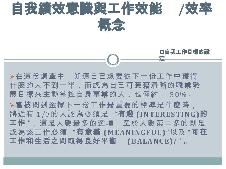 自我績效意識與 作效能 概念 /效率 p自我 作目標的設 定 Ø在這份調查中，知道自己想要從下一份 作中獲得 什麼的人不到一半，而認為自己可憑藉清晰的職業發 展目標來主動掌控自身事業的人，也僅約 50%。 Ø當被問到選擇下一份 作最重要的標準是什麼時，