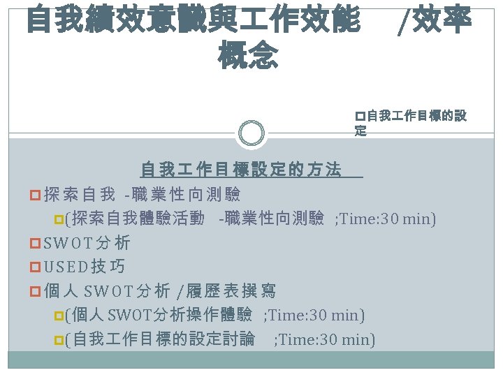 自我績效意識與 作效能 概念 /效率 p自我 作目標的設 定 自我 作目標設定的方法 p探索自我 -職業性向測驗 p(探索自我體驗活動 -職業性向測驗 ;