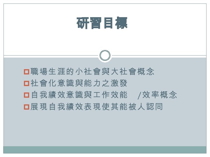 研習目標 p 職場生涯的小社會與大社會概念 p 社會化意識與能力之激發 p 自我績效意識與 作效能 /效率概念 p 展現自我績效表現使其能被人認同 