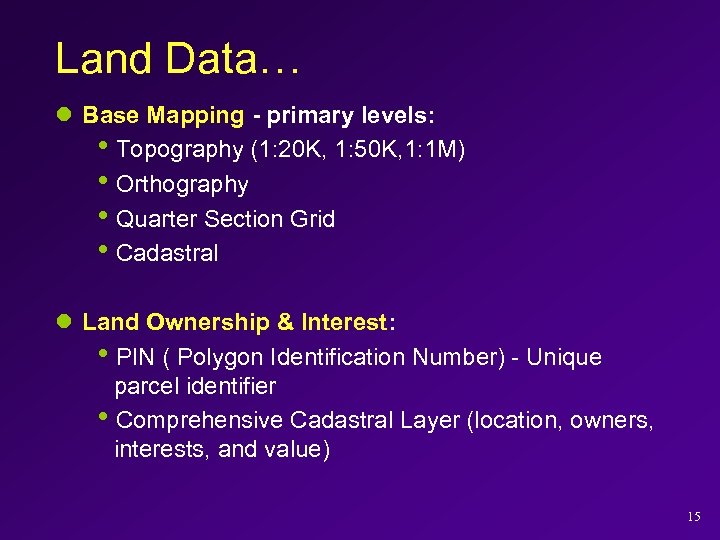 Land Data… l Base Mapping primary levels: h. Topography (1: 20 K, 1: 50