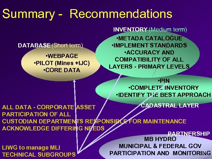 Summary - Recommendations DATABASE (Short term) • WEBPAGE • PILOT (Mines +IJC) • CORE